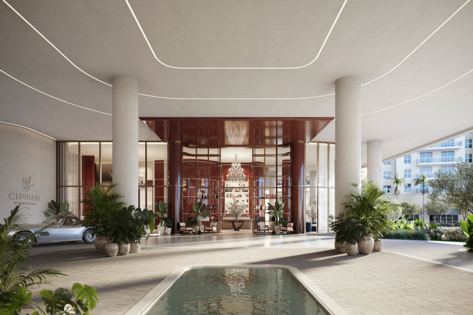 Private entrance and porte-cochère with lush landscaping.