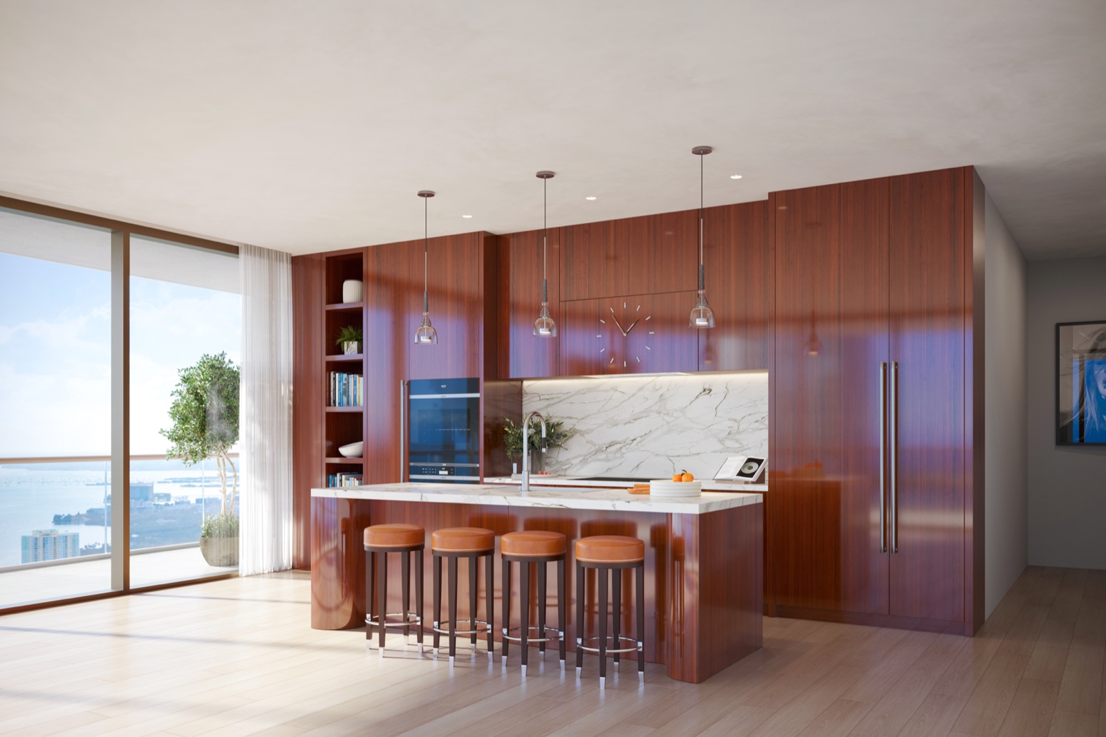 Eat-in open kitchen with custom Italian cabinetry inspired by Cipriani, Wolf Sub-Zero appliances, and integrated wine cooler.
