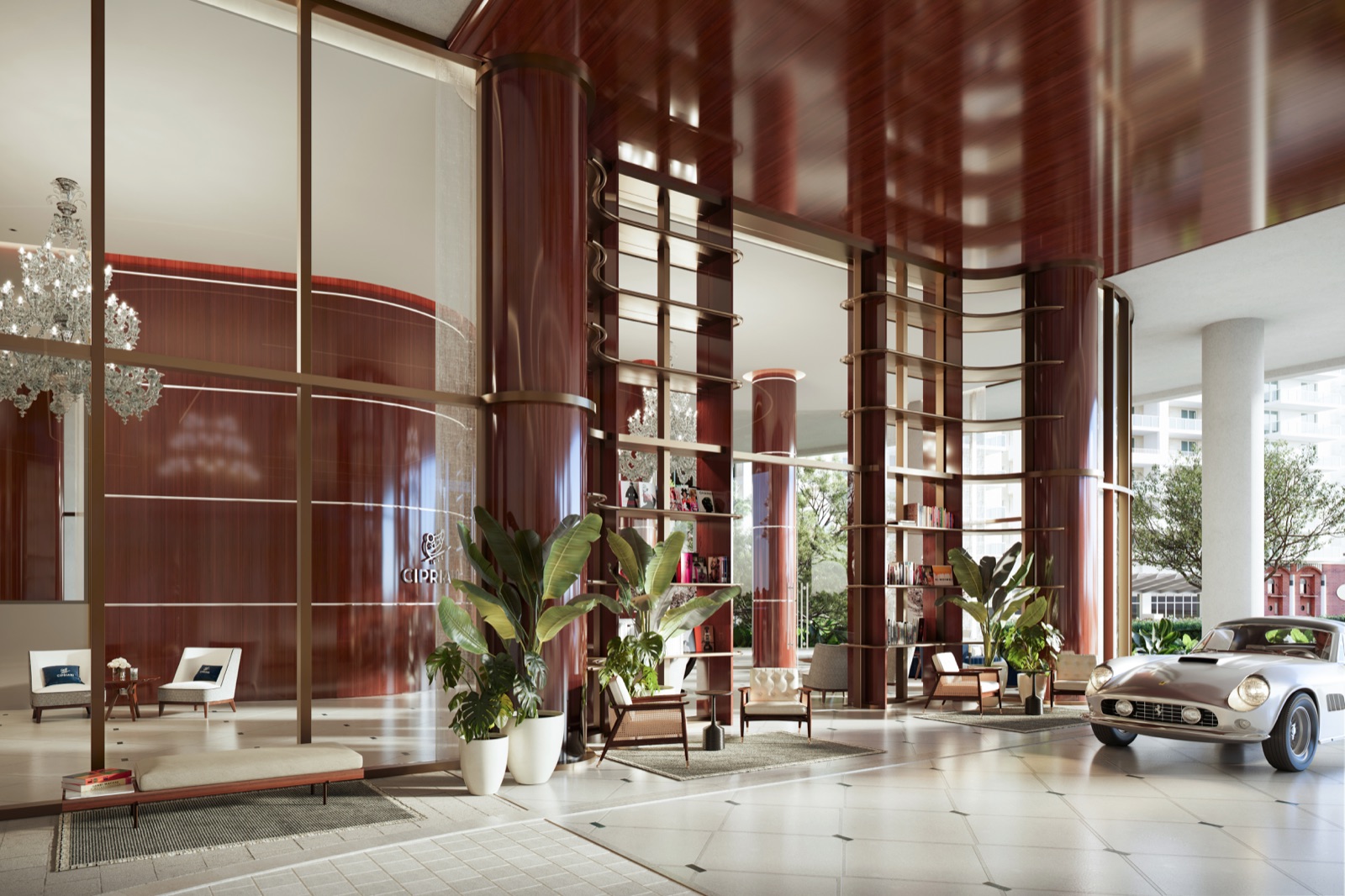 Four-level wellness center and lounge overlooking the Brickell skyline.