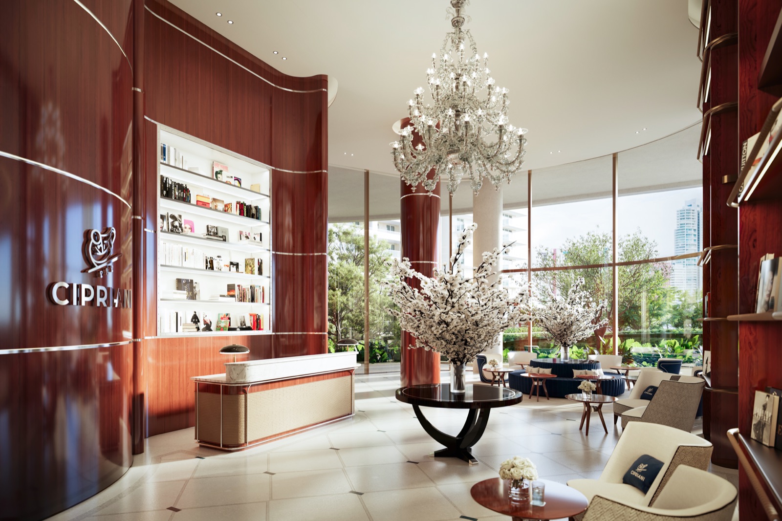 Dramatic lobby with two banks of high-speed touchless elevators.